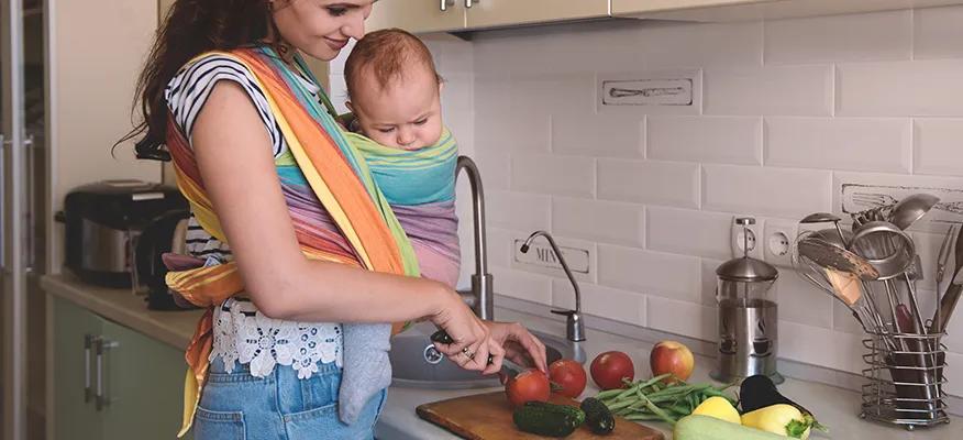 Breastfeeding mother with healthy food choices - fruits, vegetables, beans, lentils, and whole grains