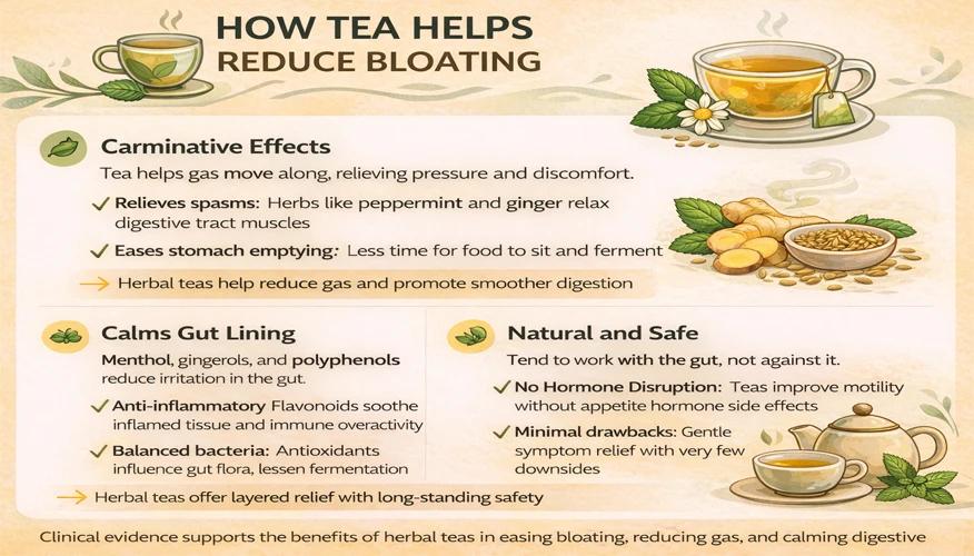 Infographic showing how tea helps reduce bloating and gas