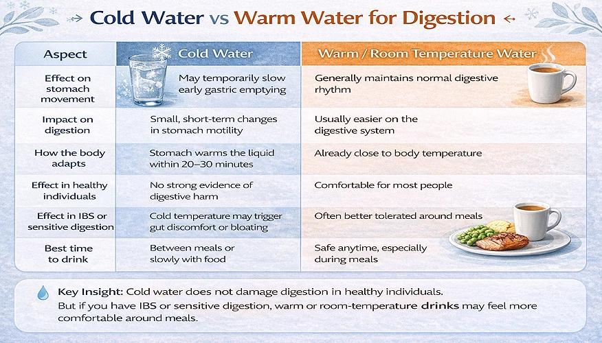 Infographic showing difference between cold water and warm water for better digestion 