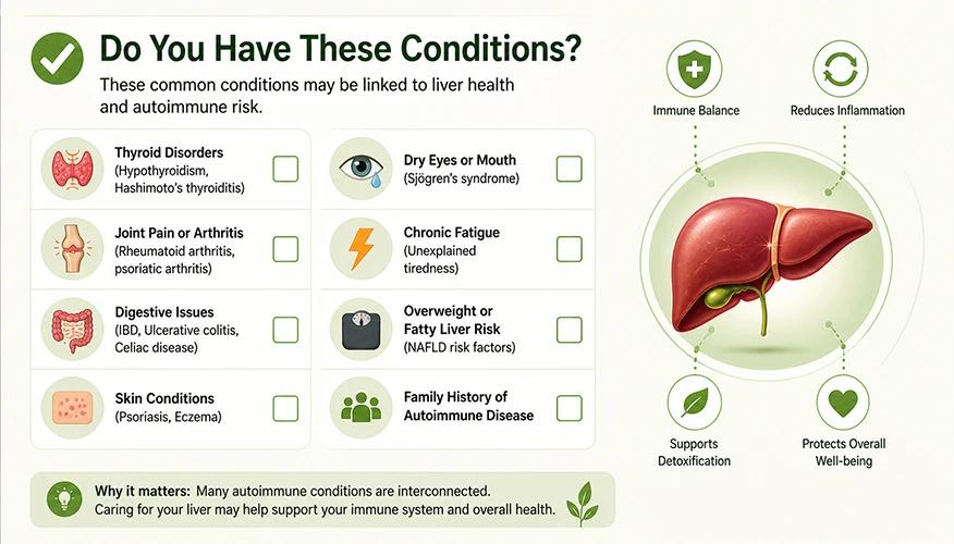 Infographic linking common health conditions like thyroid, arthritis, and fatigue to liver health 