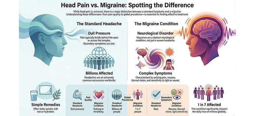 Headache vs migraine comparison showing symptoms and key differences