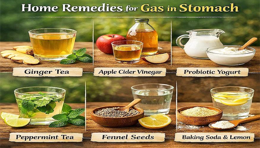 Infographic showing best home remedies to relieve gas instantly from stomach