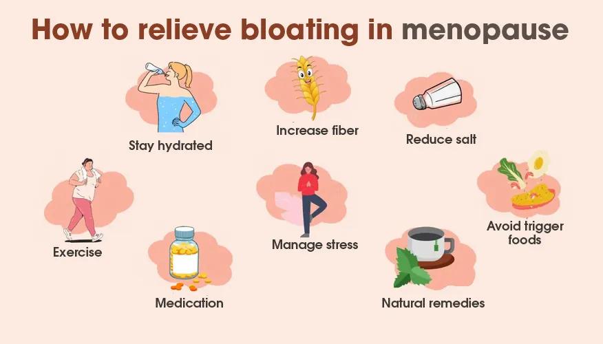 Menopause bloating relief tips: hydration, fiber, less salt, exercise, stress, meds, remedies.