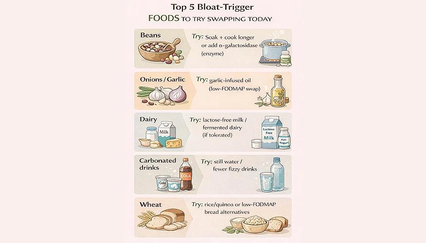 Infographic showing top 5 foods that cause bloating and simple swaps to reduce gas and discomfort 