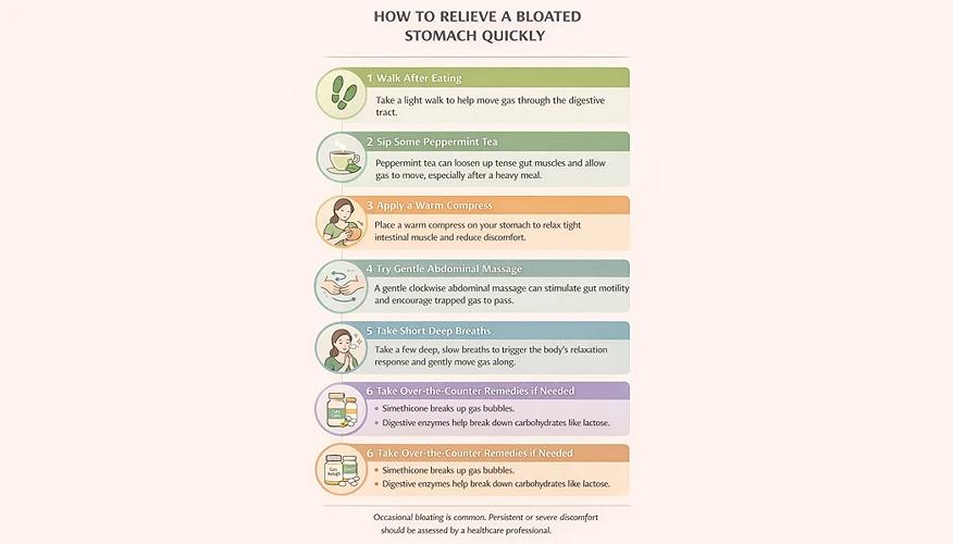 Infographic showing how to relieve stomach bloating quickly