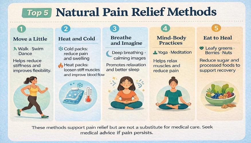Natural techniques to relieve pain such as yoga heat therapy and massage
