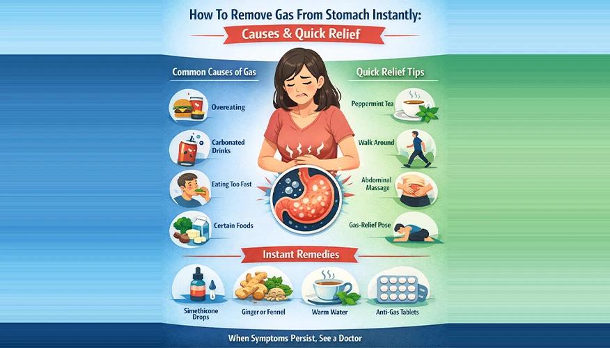 Infographic showing simple ways to relieve gas from the stomach