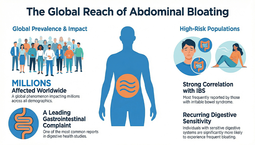 Infographic showing what is bloating and how it affects millions worldwide