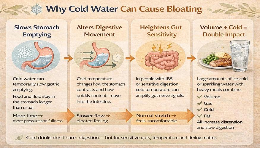 Infographic showing why cold water causes bloating