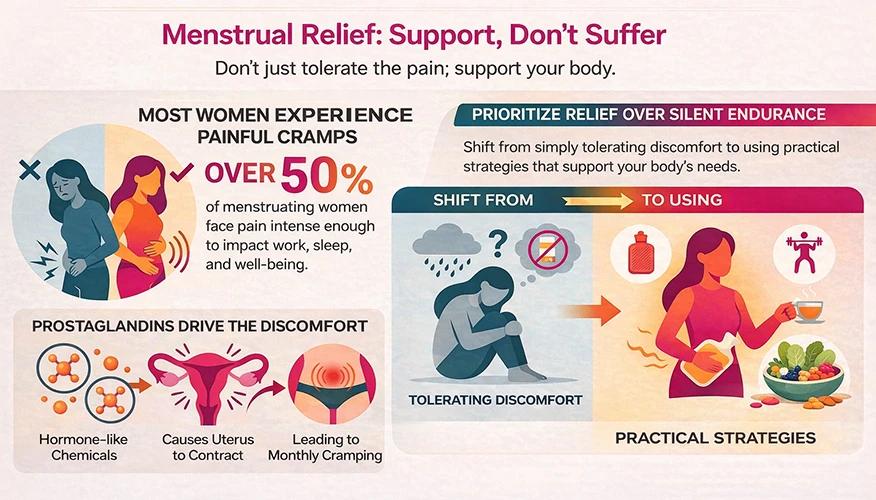  Menstrual pain relief guide showing causes of cramps and natural relief method