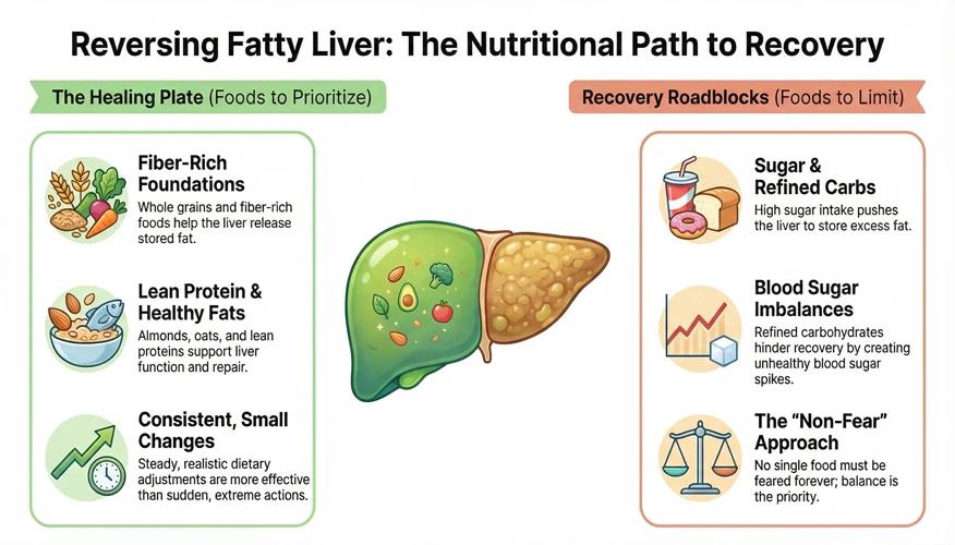 Infographic showing the best ways to reverse fatty liver