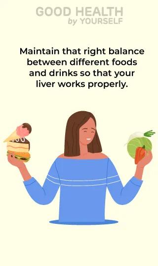 Woman balancing burger and vegetables, promoting healthy food choices for liver health.