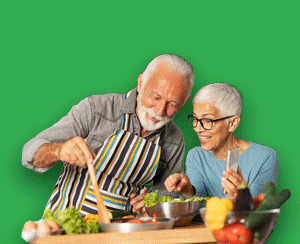 seniors making breakfast, enjoying, and older man carrying apples