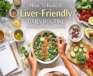 Fatty liver diet daily routine with healthy foods, vegetables, supplements, and hydration for liver health