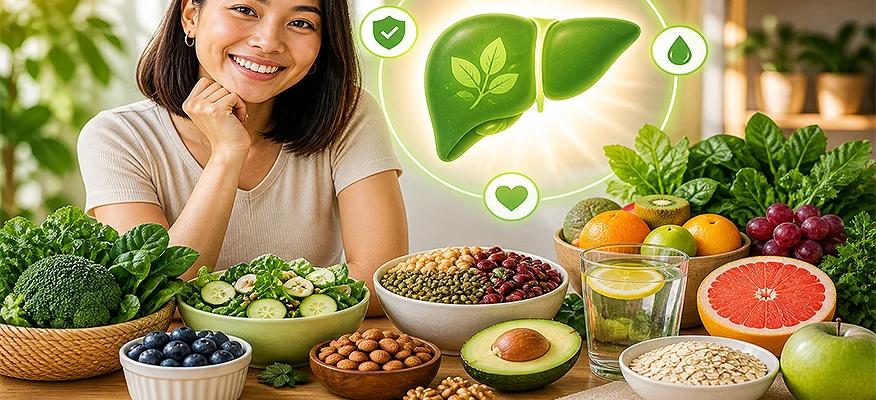 Woman with liver-healthy foods including greens, berries, nuts, avocado, and citrus fruits