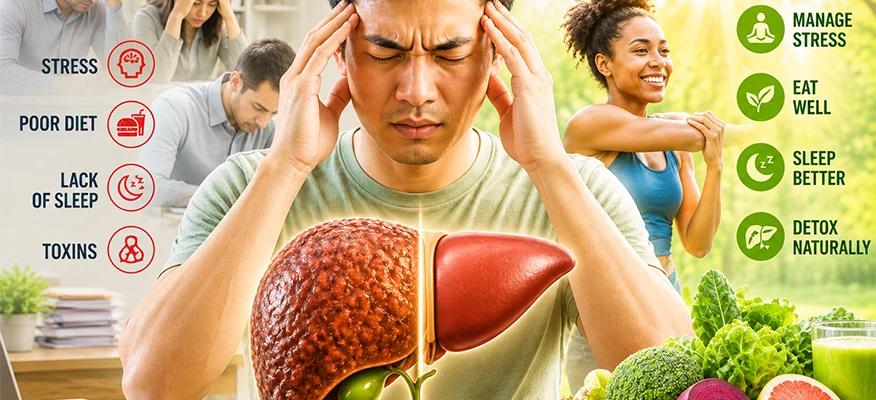 Man under stress with liver damage risks and healthy lifestyle tips for liver protection