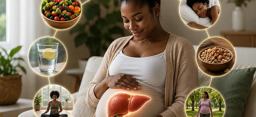 Pregnant woman with glowing liver showing healthy diet hydration sleep exercise and nuts for liver health during pregnancy
