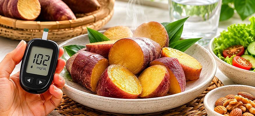 is camote good for diabetic: cooked camote with a glucose monitor reading 102 mg/dL