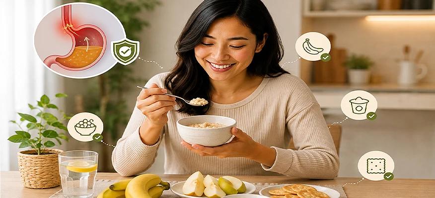 snacks for acid reflux: woman eating oatmeal with banana, pear, and yogurt at a table