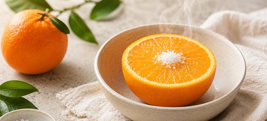 steamed orange for cough — halved orange with salt steaming in a bowl