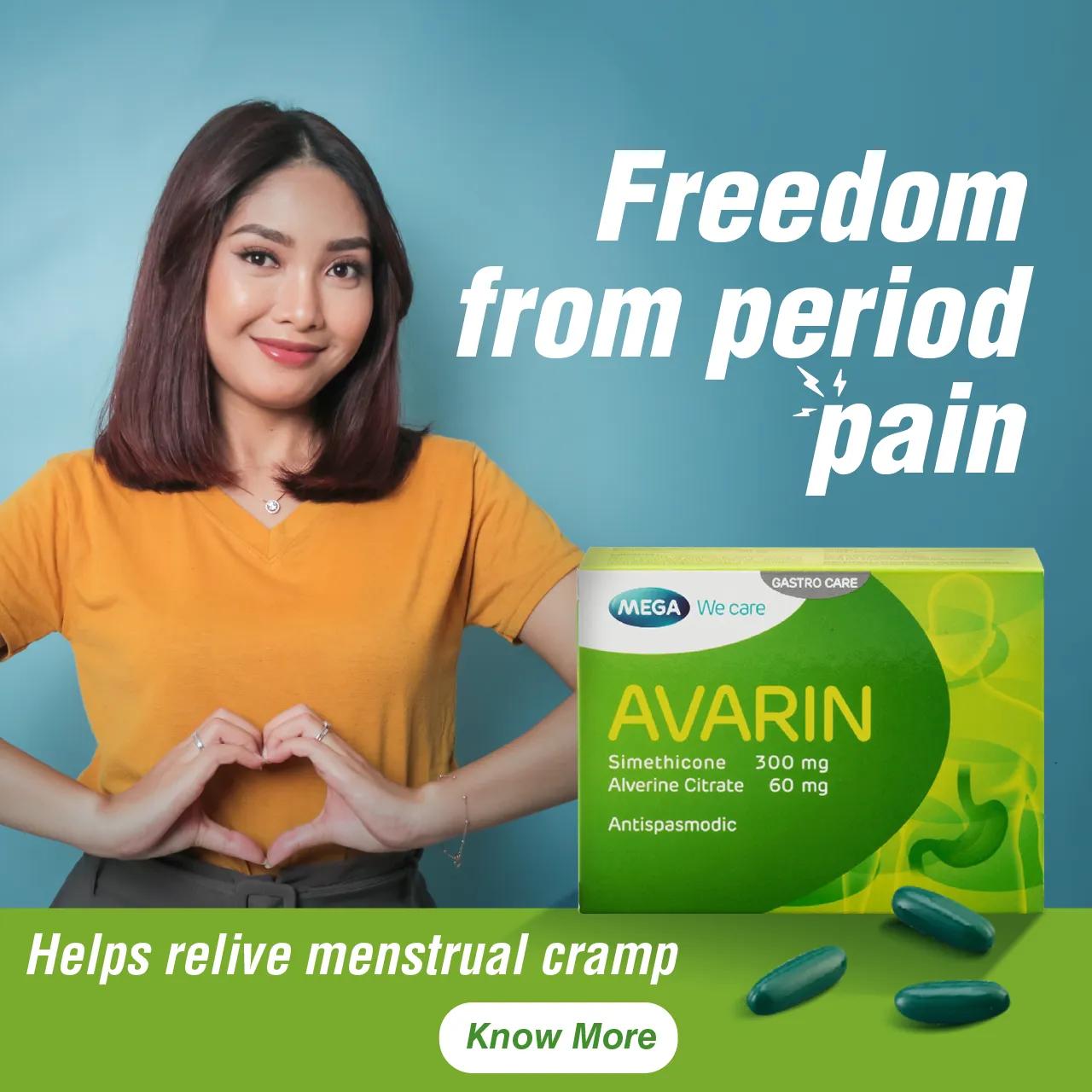 Avarin tablets for period pain relief, woman making heart shape on stomach.