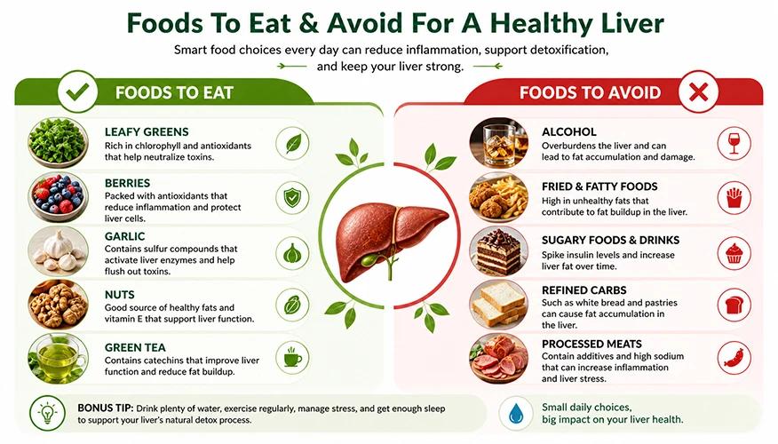 Foods to eat and avoid for healthy liver: leafy greens, berries, garlic, nuts, green tea vs alcohol, fried foods, sugar, refined carbs, processed meats.