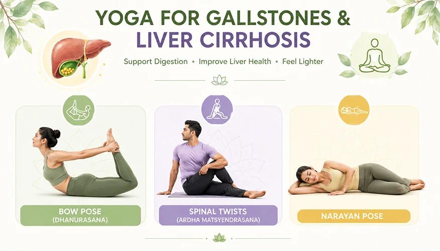Yoga poses for gallstones and liver cirrhosis including bow pose, spinal twist, and Narayan pose