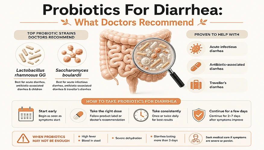 probiotics for diarrhea infographic: top doctor-recommended strains and how to take them
