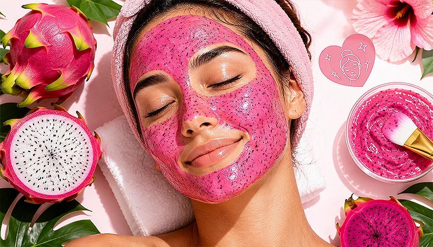 woman with pink dragon fruit face mask for skin hydration and glow