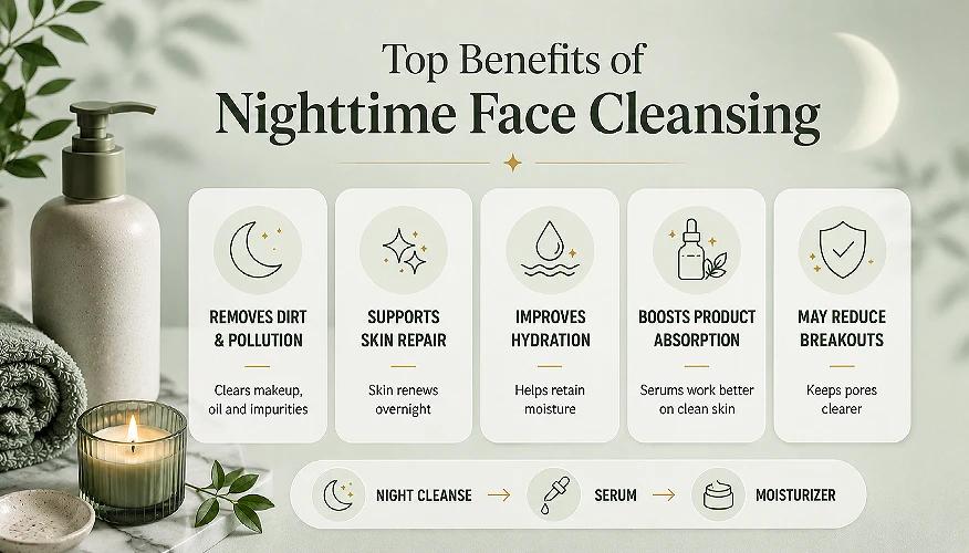 nighttime face cleansing benefits infographic: removes dirt, repair, hydration, absorption, breakouts