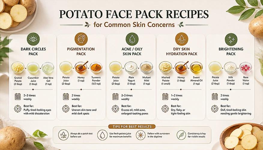 potato face pack recipes infographic for dark circles, pigmentation, acne, dry skin, brightening