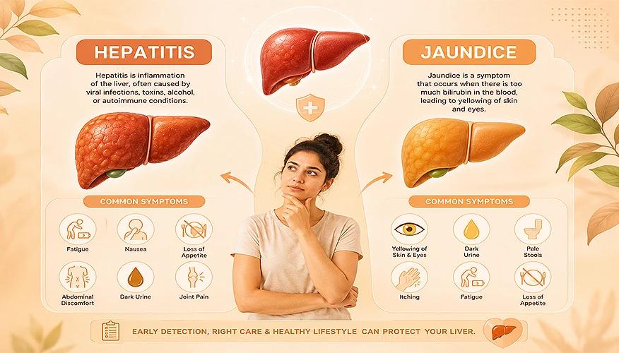 Hepatitis vs jaundice comparison infographic showing symptoms differences liver inflammation bilirubin yellowing skin and eyes