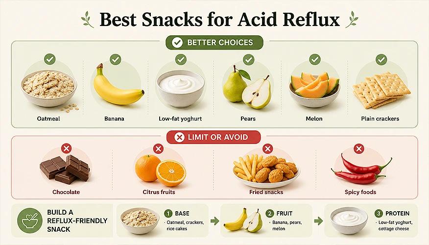 best snacks for acid reflux infographic comparing better choices and foods to avoid
