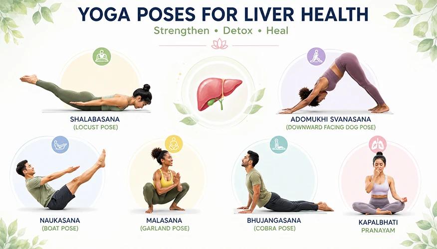 Yoga poses for liver health including cobra, boat, locust, and downward dog poses